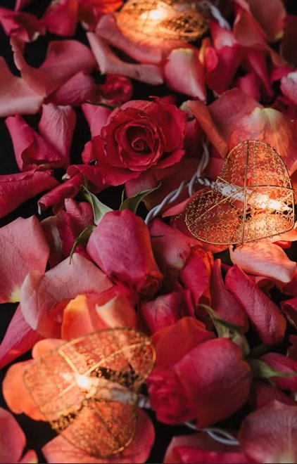 Rode en roze rozenblaadjes met twee gouden hartjes en lichtjes.